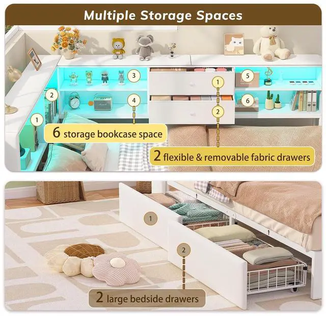 Alt view image 7 of 7 - Twin Corner Bed Frame with Storage Bookcase and 4 Drawers, Upholstered Daybed Twin Size with Charging Station & LED Lights, White L-Shape Twin Size Bed Frames Metal Platform Bed for Kids Teenagers
