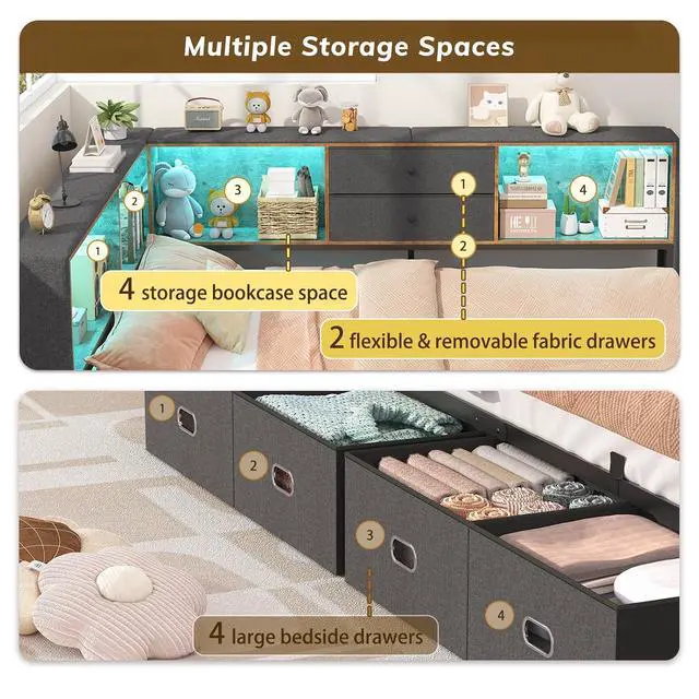 Alt view image 7 of 7 - Full Corner Bed Frame with Storage Bookcase and 6 Drawers, Upholstered Daybed Full Size with Charging Station & LED Lights, L-Shape Full Size Bed Frames Metal Platform Bed for Kids Teenagers, Oak Grey