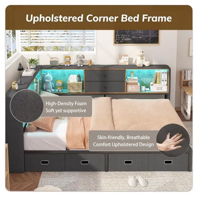 Alt view image 6 of 7 - Full Corner Bed Frame with Storage Bookcase and 6 Drawers, Upholstered Daybed Full Size with Charging Station & LED Lights, L-Shape Full Size Bed Frames Metal Platform Bed for Kids Teenagers, Oak Grey