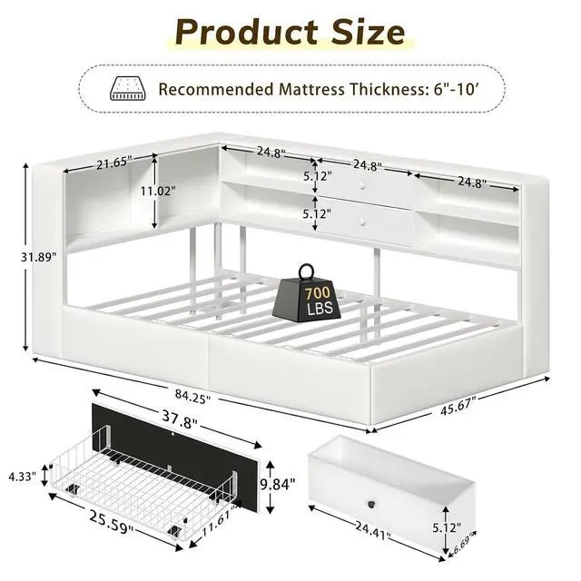 Alt view image 2 of 7 - Twin Corner Bed Frame with Storage Bookcase and 4 Drawers, Upholstered Daybed Twin Size with Charging Station & LED Lights, White L-Shape Twin Size Bed Frames Metal Platform Bed for Kids Teenagers
