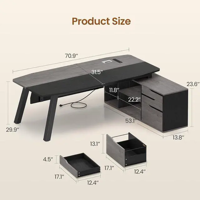 Alt view image 2 of 7 - 71" Executive Desk with File Cabinet, Large Office Desk with Drawers and Shelves, L Shaped Computer Desk with Power Outlets, Business Furniture Desk Workstation for Home Office, Gray