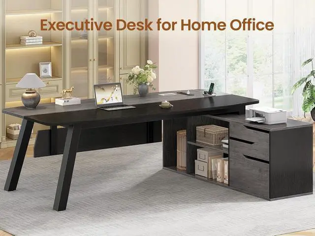 Alt view image 4 of 7 - 71" Executive Desk with File Cabinet, Large Office Desk with Drawers and Shelves, L Shaped Computer Desk with Power Outlets, Business Furniture Desk Workstation for Home Office, Gray