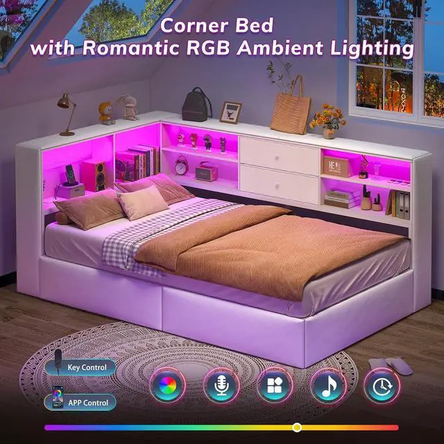 Alt view image 3 of 7 - Twin Corner Bed Frame with Storage Bookcase and 4 Drawers, Upholstered Daybed Twin Size with Charging Station & LED Lights, White L-Shape Twin Size Bed Frames Metal Platform Bed for Kids Teenagers