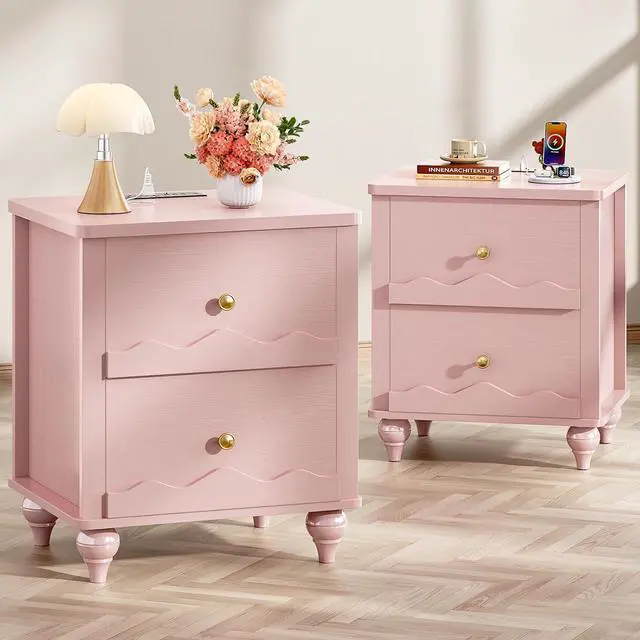 Main image of Pink Nightstand with Charging Station Set of 2, Scalloped Bedside Table with 2 Smooth Drawers, Modern End Table with Solid Wood Legs for Bedroom and Small Spaces