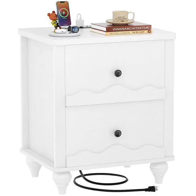 Alt view image 3 of 7 - White Nightstand with Charging Station, Scalloped Bedside Table with 2 Smooth Drawers, Modern End Table with Solid Wood Legs for Bedroom and Small Spaces