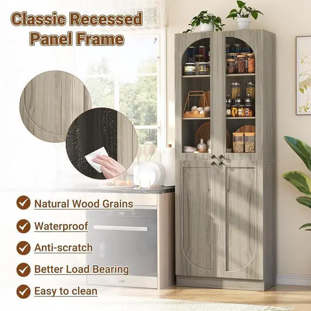 Alt view image 5 of 7 - 80" Kitchen Pantry, Tall Arch Storage Cabinet with Tempered Glass & Soft Close Doors, Freestanding Wood Floor Cupboard Bookcase with Seamless Fit Wall for Dining Room, Living Room, Bathroom