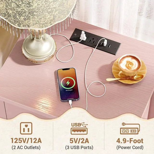 Alt view image 6 of 7 - Pink Nightstand with Charging Station Set of 2, Scalloped Bedside Table with 2 Smooth Drawers, Modern End Table with Solid Wood Legs for Bedroom and Small Spaces
