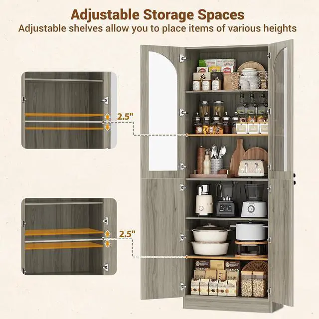 Alt view image 7 of 7 - 80" Kitchen Pantry, Tall Arch Storage Cabinet with Tempered Glass & Soft Close Doors, Freestanding Wood Floor Cupboard Bookcase with Seamless Fit Wall for Dining Room, Living Room, Bathroom