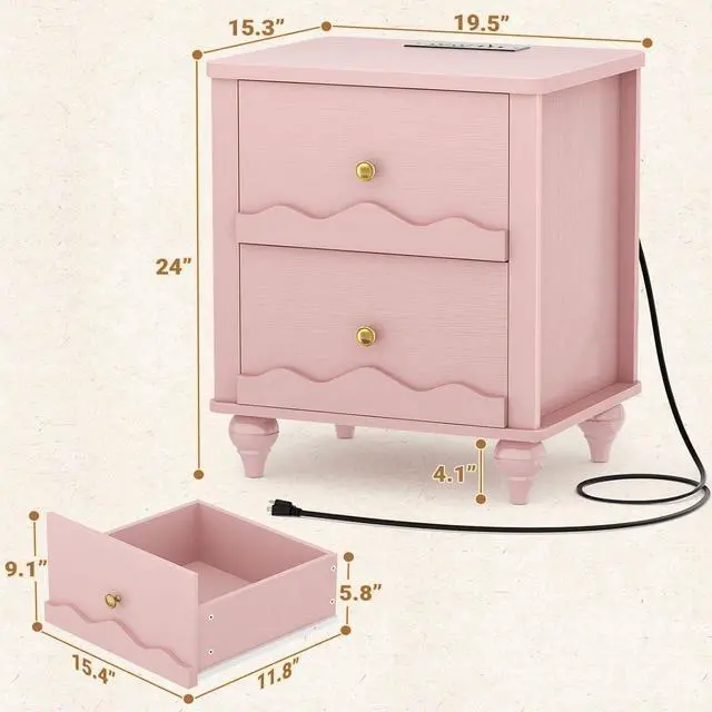 Alt view image 2 of 7 - Pink Nightstand with Charging Station Set of 2, Scalloped Bedside Table with 2 Smooth Drawers, Modern End Table with Solid Wood Legs for Bedroom and Small Spaces
