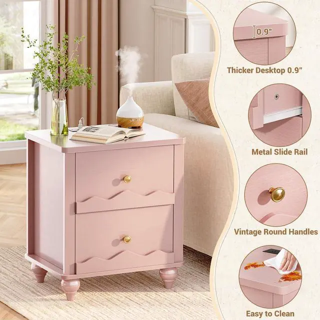 Alt view image 4 of 7 - Pink Nightstand with Charging Station Set of 2, Scalloped Bedside Table with 2 Smooth Drawers, Modern End Table with Solid Wood Legs for Bedroom and Small Spaces