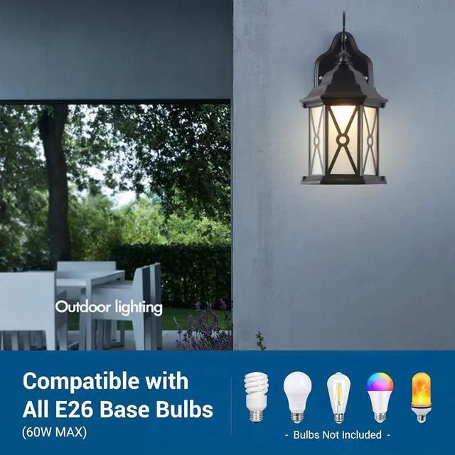 Alt view image 5 of 7 - Exterior Wall Sconce IP54 Waterproof Outdoor Wall Lantern Porch Light with Glass Shade & E26 Socket Aluminum Anti-Rust Outdoor Light Fixture for Garage Backyard