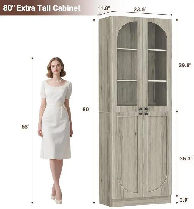 Alt view image 2 of 7 - 80" Kitchen Pantry, Tall Arch Storage Cabinet with Tempered Glass & Soft Close Doors, Freestanding Wood Floor Cupboard Bookcase with Seamless Fit Wall for Dining Room, Living Room, Bathroom