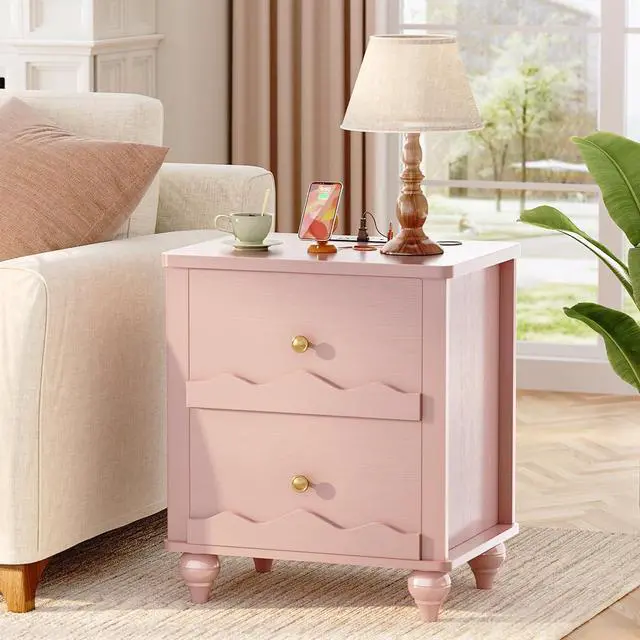 Alt view image 7 of 7 - Pink Nightstand with Charging Station Set of 2, Scalloped Bedside Table with 2 Smooth Drawers, Modern End Table with Solid Wood Legs for Bedroom and Small Spaces
