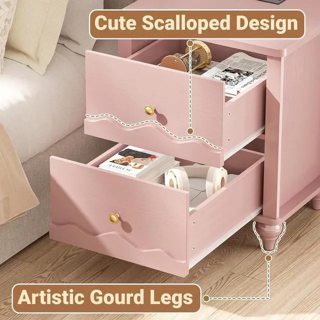 Alt view image 5 of 7 - Pink Nightstand with Charging Station Set of 2, Scalloped Bedside Table with 2 Smooth Drawers, Modern End Table with Solid Wood Legs for Bedroom and Small Spaces