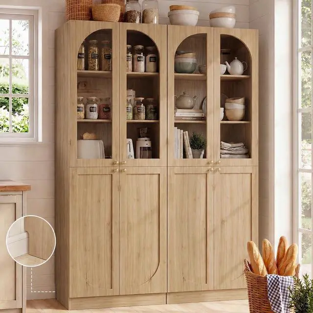 Main image of 80" Kitchen Pantry, Tall Arch Storage Cabinet with Tempered Glass & Soft Close Doors, Freestanding Wood Floor Cupboard Bookcase with Seamless Fit Wall for Dining Room, Living Room, Bathroom