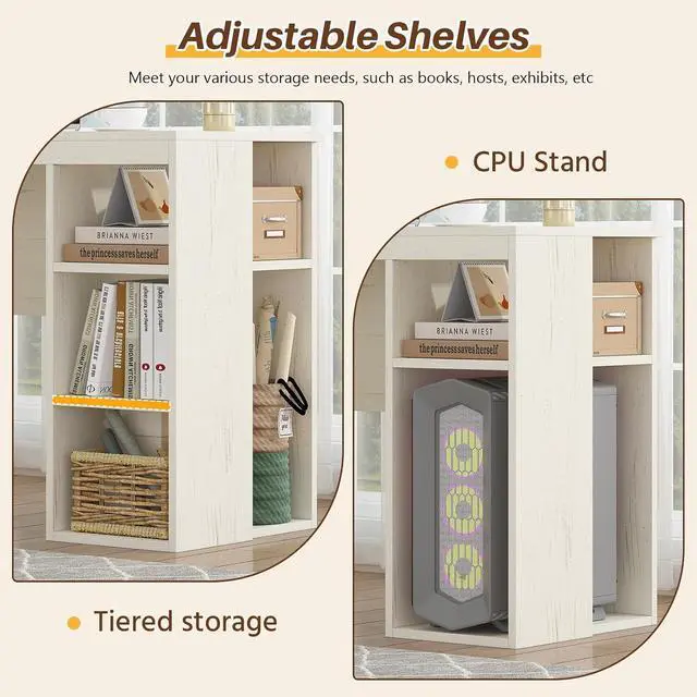 Alt view image 5 of 7 - Farmhouse 63" L Shaped Desk with Drawers & Storage Shelves, White Corner Desk with Power Outlets & LED Lights, Home Office Desks with File Drawer, Printer Shelf, Monitor Stand
