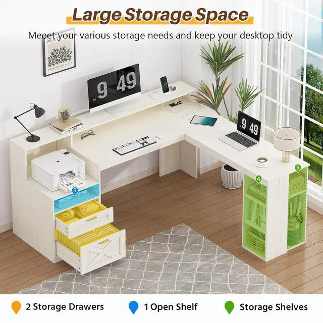 Alt view image 4 of 7 - Farmhouse 63" L Shaped Desk with Drawers & Storage Shelves, White Corner Desk with Power Outlets & LED Lights, Home Office Desks with File Drawer, Printer Shelf, Monitor Stand