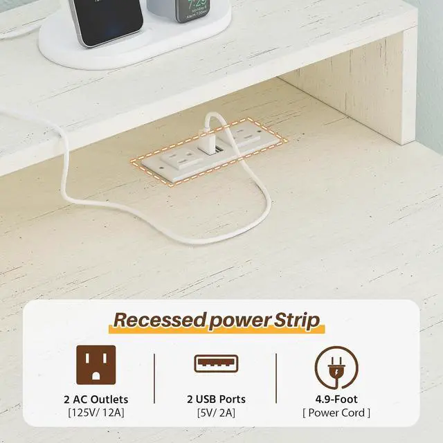 Alt view image 6 of 7 - Farmhouse 63" L Shaped Desk with Drawers & Storage Shelves, White Corner Desk with Power Outlets & LED Lights, Home Office Desks with File Drawer, Printer Shelf, Monitor Stand