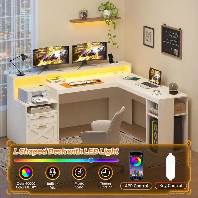Alt view image 3 of 7 - Farmhouse 63" L Shaped Desk with Drawers & Storage Shelves, White Corner Desk with Power Outlets & LED Lights, Home Office Desks with File Drawer, Printer Shelf, Monitor Stand