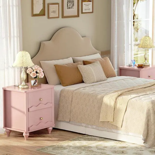Alt view image 3 of 7 - Pink Nightstand with Charging Station Set of 2, Scalloped Bedside Table with 2 Smooth Drawers, Modern End Table with Solid Wood Legs for Bedroom and Small Spaces