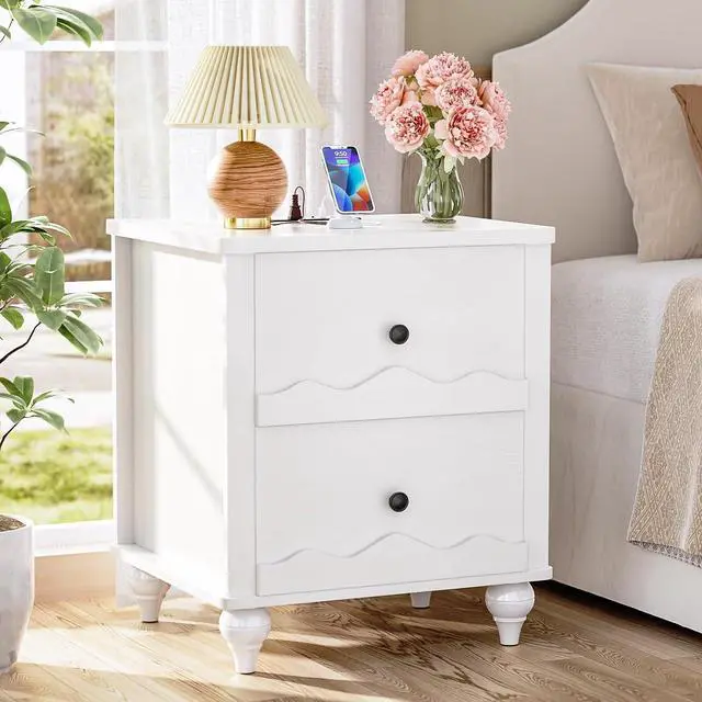 Main image of White Nightstand with Charging Station, Scalloped Bedside Table with 2 Smooth Drawers, Modern End Table with Solid Wood Legs for Bedroom and Small Spaces