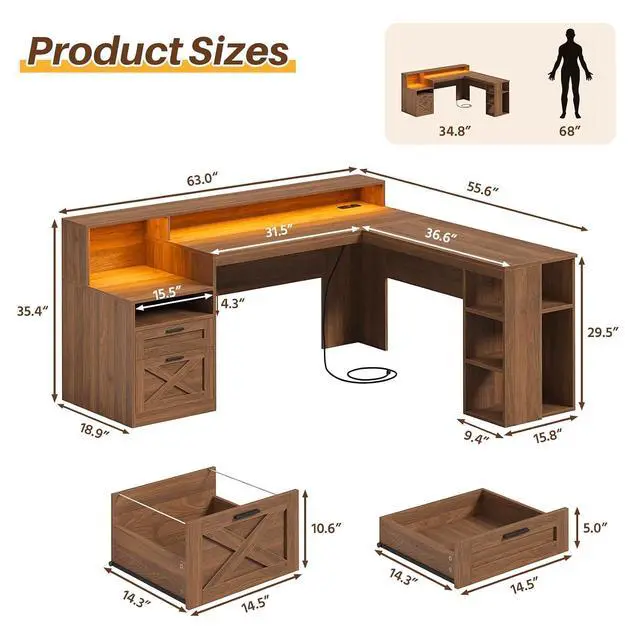 Alt view image 2 of 7 - 63" Farmhouse L Shaped Desk with Drawers & Storage Shelves, Executive Home Office Desk with Power Outlets & LED Lights, Wood Corner Desk with Monitor Stand, File Drawer, Printer Shelf, Brown
