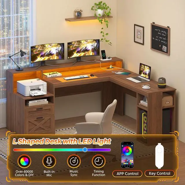 Alt view image 3 of 7 - 63" Farmhouse L Shaped Desk with Drawers & Storage Shelves, Executive Home Office Desk with Power Outlets & LED Lights, Wood Corner Desk with Monitor Stand, File Drawer, Printer Shelf, Brown