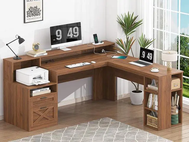 Main image of 63" Farmhouse L Shaped Desk with Drawers & Storage Shelves, Executive Home Office Desk with Power Outlets & LED Lights, Wood Corner Desk with Monitor Stand, File Drawer, Printer Shelf, Brown