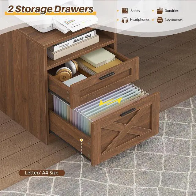 Alt view image 5 of 7 - 63" Farmhouse L Shaped Desk with Drawers & Storage Shelves, Executive Home Office Desk with Power Outlets & LED Lights, Wood Corner Desk with Monitor Stand, File Drawer, Printer Shelf, Brown