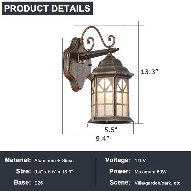 Alt view image 6 of 7 - Outdoor Wall Light Fixtures Exterior Waterproof Porch Lights Aluminum Retro Outdoor Wall Sconce with Soft Light Glass E26 Socket for House Doorway Garage