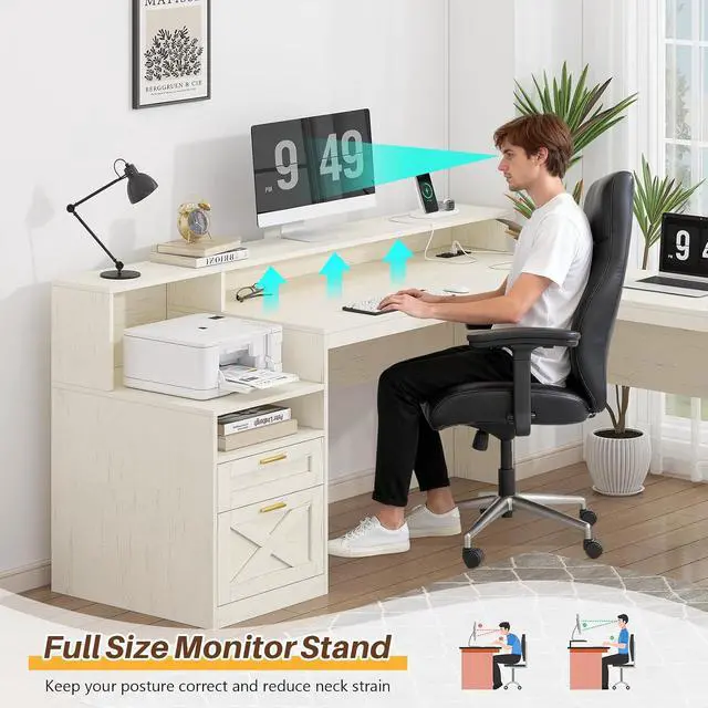 Alt view image 7 of 7 - Farmhouse 63" L Shaped Desk with Drawers & Storage Shelves, White Corner Desk with Power Outlets & LED Lights, Home Office Desks with File Drawer, Printer Shelf, Monitor Stand