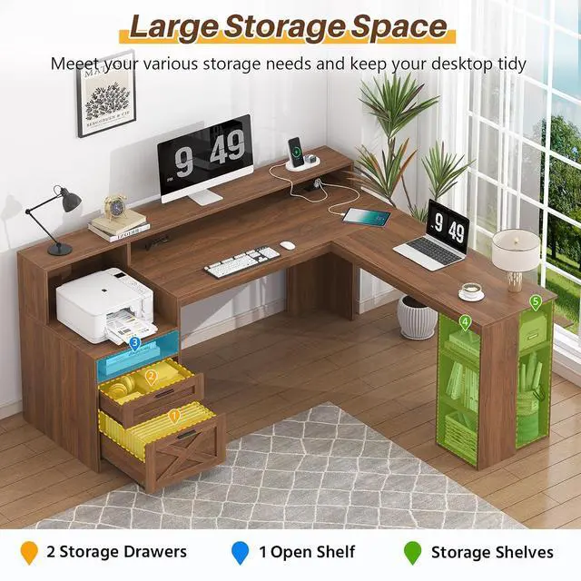 Alt view image 4 of 7 - 63" Farmhouse L Shaped Desk with Drawers & Storage Shelves, Executive Home Office Desk with Power Outlets & LED Lights, Wood Corner Desk with Monitor Stand, File Drawer, Printer Shelf, Brown