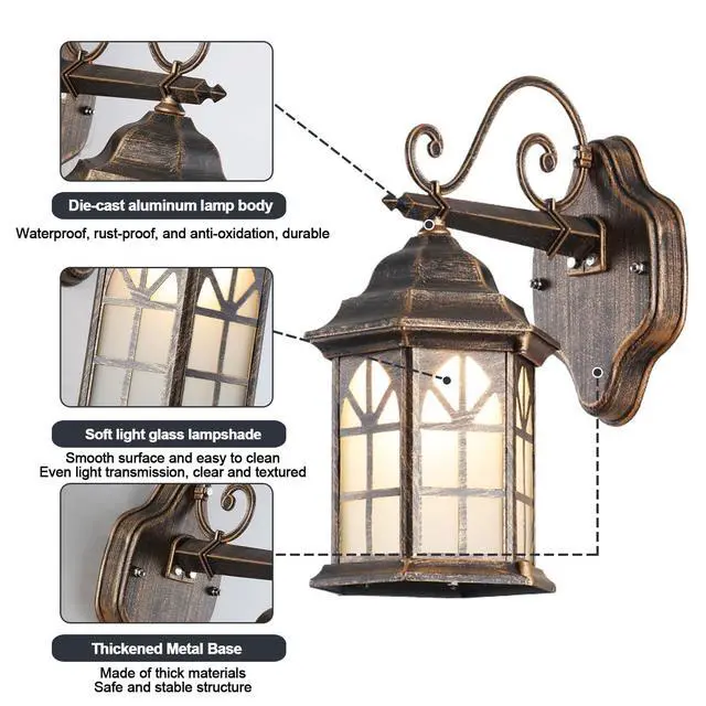 Alt view image 7 of 7 - Outdoor Wall Light Fixtures Exterior Waterproof Porch Lights Aluminum Retro Outdoor Wall Sconce with Soft Light Glass E26 Socket for House Doorway Garage