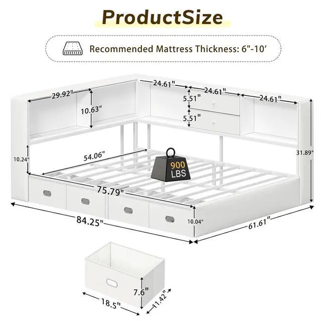 Alt view image 2 of 7 - Full Corner Bed Frame with Storage Bookcase and 6 Drawers, Upholstered Daybed Full Size with Charging Station & LED Lights, L-Shape Full Size Bed Frames Metal Platform Bed for Kids Teenagers, White