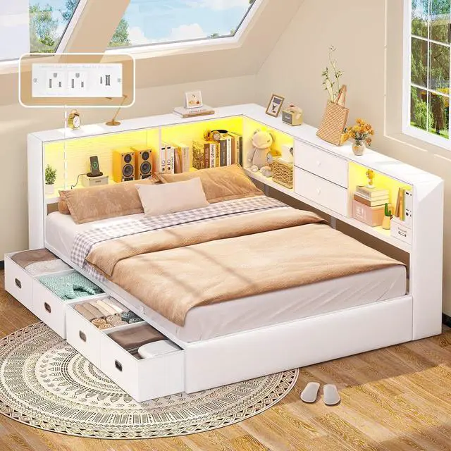Main image of Full Corner Bed Frame with Storage Bookcase and 6 Drawers, Upholstered Daybed Full Size with Charging Station & LED Lights, L-Shape Full Size Bed Frames Metal Platform Bed for Kids Teenagers, White