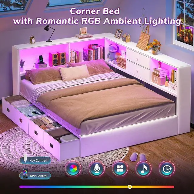 Alt view image 3 of 7 - Full Corner Bed Frame with Storage Bookcase and 6 Drawers, Upholstered Daybed Full Size with Charging Station & LED Lights, L-Shape Full Size Bed Frames Metal Platform Bed for Kids Teenagers, White