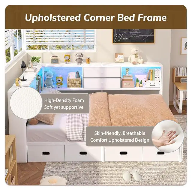 Alt view image 6 of 7 - Full Corner Bed Frame with Storage Bookcase and 6 Drawers, Upholstered Daybed Full Size with Charging Station & LED Lights, L-Shape Full Size Bed Frames Metal Platform Bed for Kids Teenagers, White