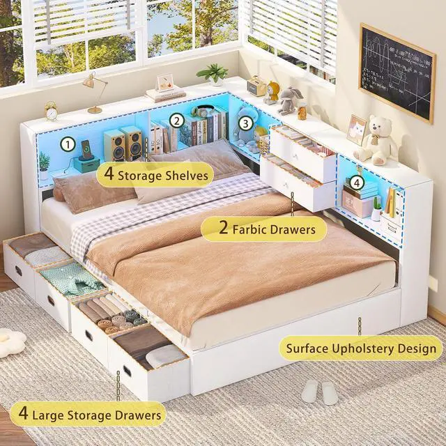 Alt view image 4 of 7 - Full Corner Bed Frame with Storage Bookcase and 6 Drawers, Upholstered Daybed Full Size with Charging Station & LED Lights, L-Shape Full Size Bed Frames Metal Platform Bed for Kids Teenagers, White