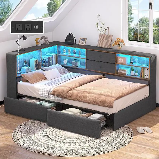 Main image of Twin Corner Bed Frame with Storage Bookcase and 4 Drawers, Upholstered Daybed Twin Size with Charging Station & LED Lights, L-Shape Twin Size Bed Frames Metal Platform Bed for Kids Teenagers, Oak Grey