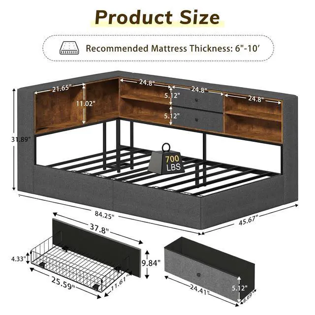 Alt view image 2 of 7 - Twin Corner Bed Frame with Storage Bookcase and 4 Drawers, Upholstered Daybed Twin Size with Charging Station & LED Lights, L-Shape Twin Size Bed Frames Metal Platform Bed for Kids Teenagers, Oak Grey