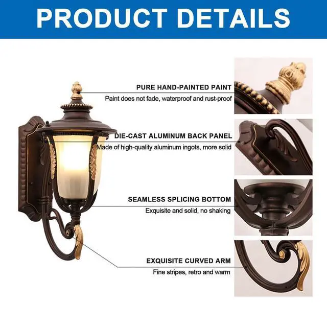Alt view image 6 of 7 - 18.1" Retro Outdoor Wall Lights Coffee Waterproof Exterior Wall Lantern European Style Anti-Rust Aluminum Porch Light for Porch House Garage
