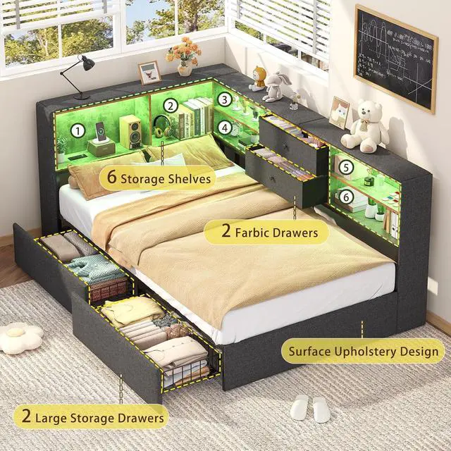 Alt view image 3 of 7 - Twin Corner Bed Frame with Storage Bookcase and 4 Drawers, Upholstered Daybed Twin Size with Charging Station & LED Lights, L-Shape Twin Size Bed Frames Metal Platform Bed for Kids Teenagers, Oak Grey