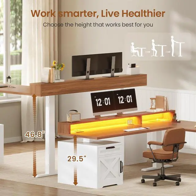 Alt view image 3 of 7 - Farmhouse L Shaped Standing Desk, 70.1" x 73.2" Height Adjustable Home Office Executive Desk with Drawers, Power Outlet, Monitor Stand, Sit Stand Table with Led Lights for Home Office, White