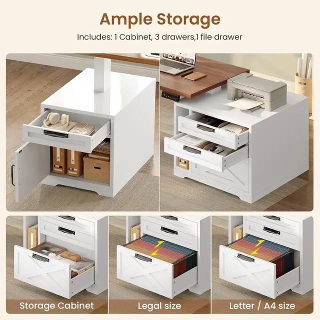Alt view image 4 of 7 - Farmhouse L Shaped Standing Desk, 70.1" x 73.2" Height Adjustable Home Office Executive Desk with Drawers, Power Outlet, Monitor Stand, Sit Stand Table with Led Lights for Home Office, White
