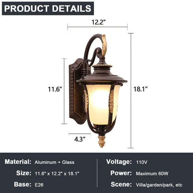 Alt view image 7 of 7 - 18.1" Retro Outdoor Wall Lights Coffee Waterproof Exterior Wall Lantern European Style Anti-Rust Aluminum Porch Light for Porch House Garage