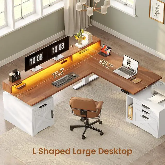 Alt view image 5 of 7 - Farmhouse L Shaped Standing Desk, 70.1" x 73.2" Height Adjustable Home Office Executive Desk with Drawers, Power Outlet, Monitor Stand, Sit Stand Table with Led Lights for Home Office, White