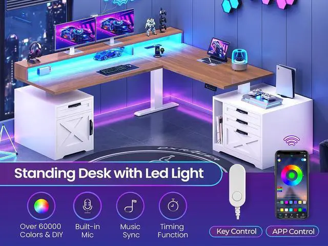 Alt view image 7 of 7 - Farmhouse L Shaped Standing Desk, 70.1" x 73.2" Height Adjustable Home Office Executive Desk with Drawers, Power Outlet, Monitor Stand, Sit Stand Table with Led Lights for Home Office, White