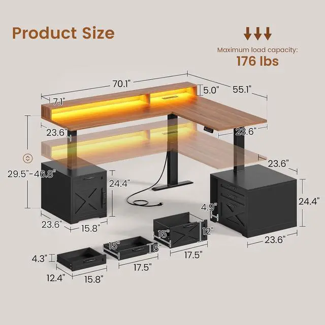 Alt view image 2 of 7 - Farmhouse L Shaped Standing Desk, 70.1" x 73.2" Height Adjustable Home Office Executive Desk with Drawers, Power Outlet, Monitor Stand, Sit Stand Table with Led Lights for Home Office, Black