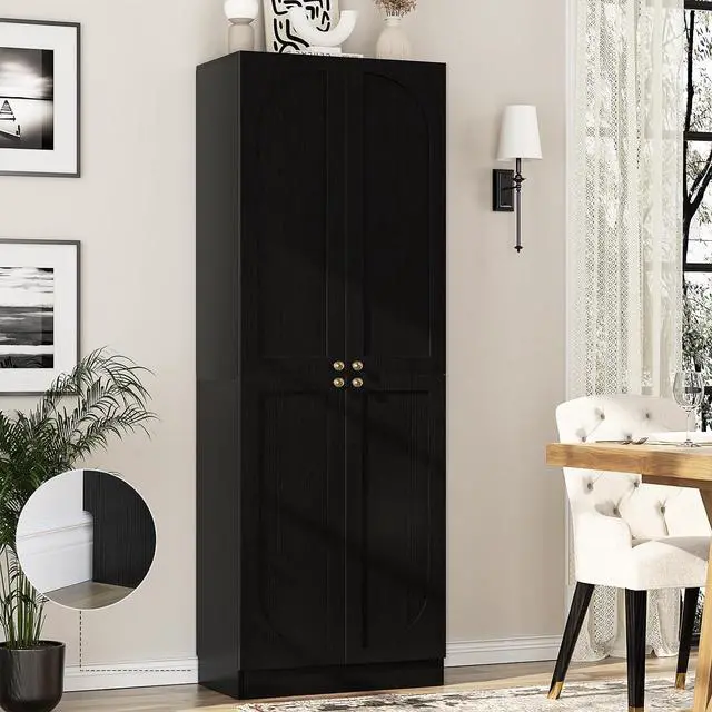 Main image of 80" Storage Cabinet, Tall Arched Bookcase with 4 Soft Close Doors, 6-Tier Wooden Pantry with Adjustable Shelves, Seamless Fit Wall for Home Office, Living Room, Kitchen (Black)