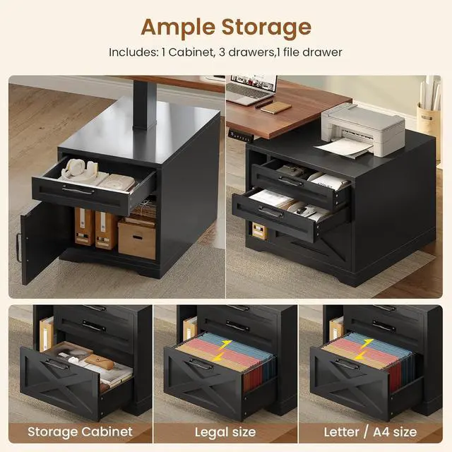 Alt view image 4 of 7 - Farmhouse L Shaped Standing Desk, 70.1" x 73.2" Height Adjustable Home Office Executive Desk with Drawers, Power Outlet, Monitor Stand, Sit Stand Table with Led Lights for Home Office, Black